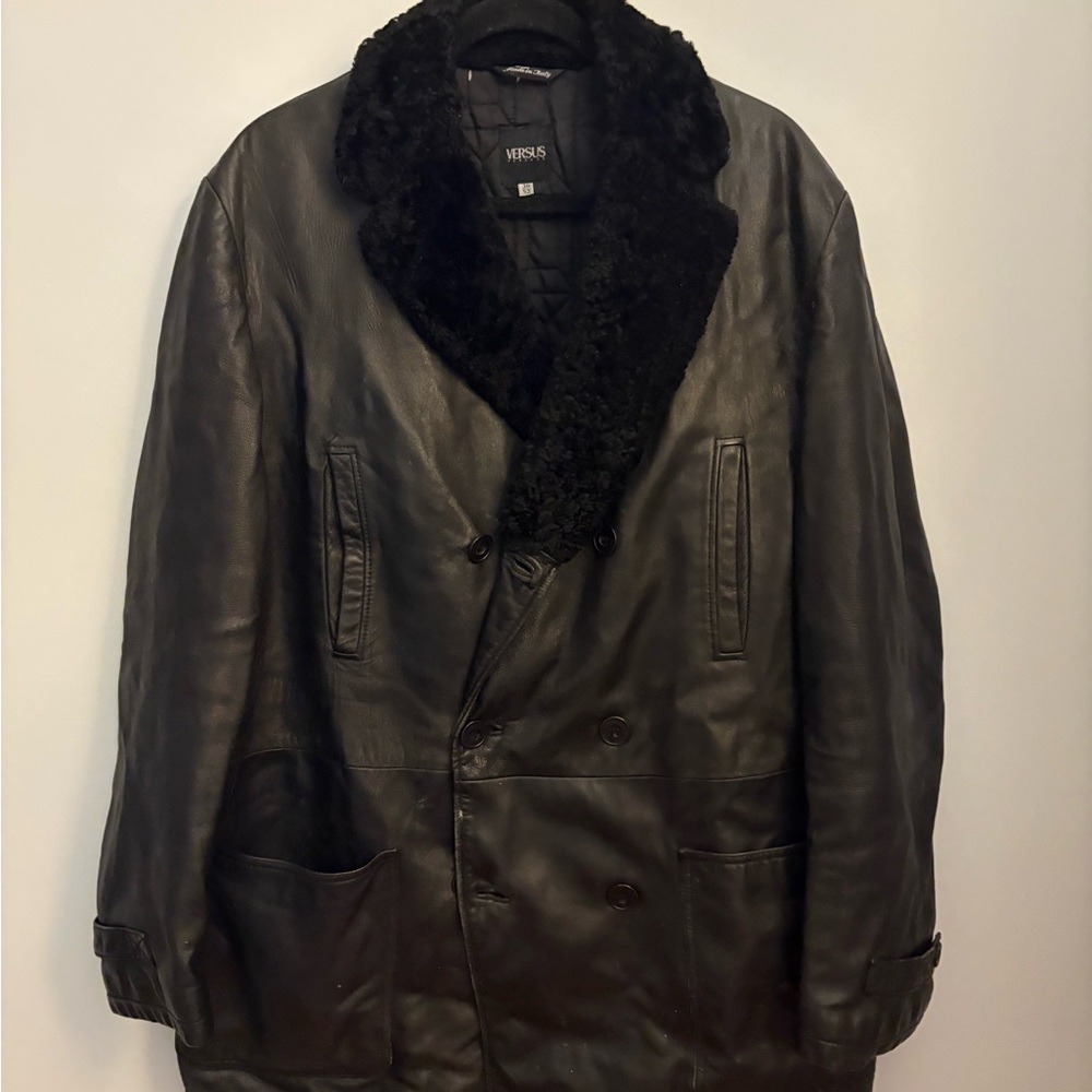 VINTAGE Versus Versace Black Leather Double-Breasted Coat with Shearling Collar